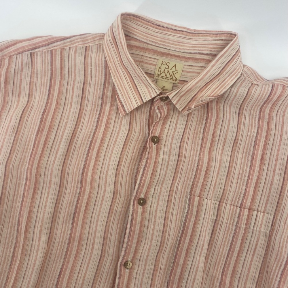 Jos A Bank Button Down Shirt Mens XL Orange Striped Linen Short Sleeve